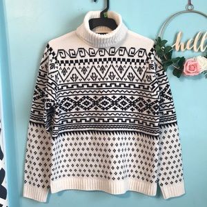 Karen Scott Black and White Aztec Pattered Turtle Neck Chunky Sweater